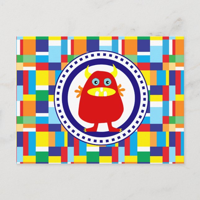 Carte Postale Monstre rouge mignon sur des blocs de Patchwork co (Devant)