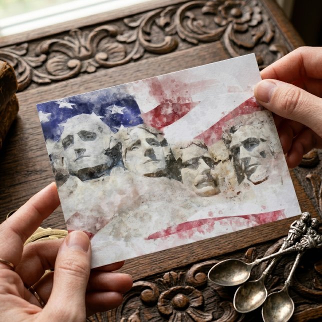 Carte Postale Mont Rushmore aquarelle avec drapeau américain (Mount Rushmore Watercolor with American Flag. Postcard)