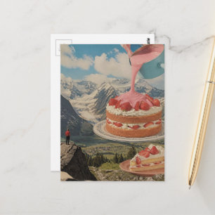 Carte Postale Montagne de gâteau aux fraises Art Rétro Surréalis