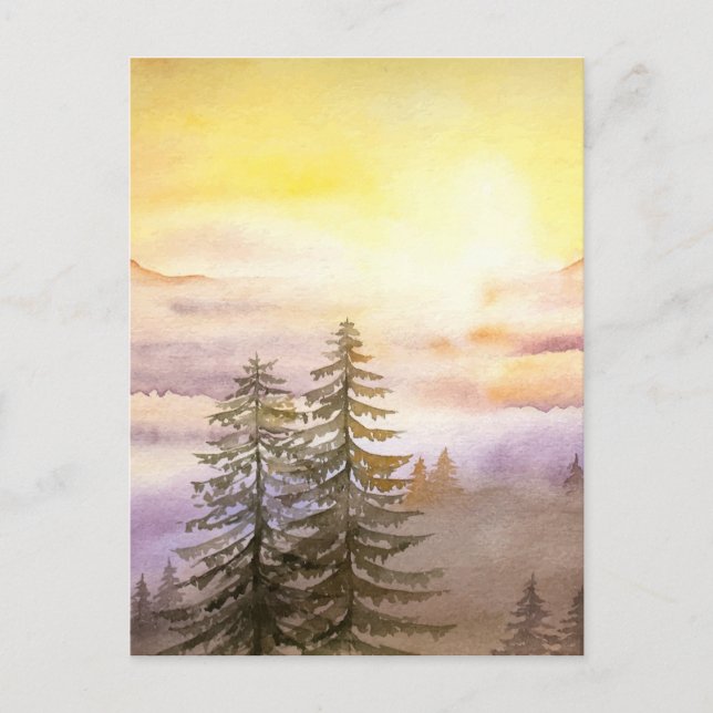 Carte Postale Montagnes agitées avec pins (Devant)