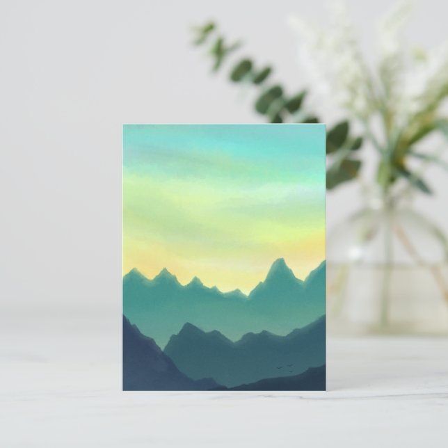 Carte Postale Montagnes d'aquarelle jaune et Turquoise (Debout devant)