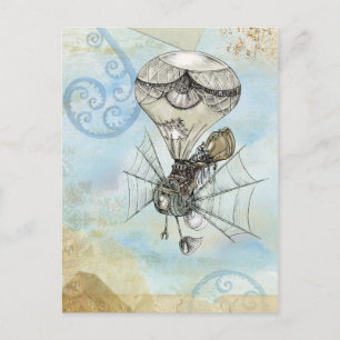Carte Postale Montgolfière conception bleu rétro steampunk