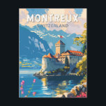 Carte Postale Montreux Suisse Travel Art Vintage<br><div class="desc">Montreux design de déplacement vectoriel rétro. Montreux est une station balnéaire traditionnelle située sur le lac Léman. Niché entre des collines escarpées et le lac.</div>