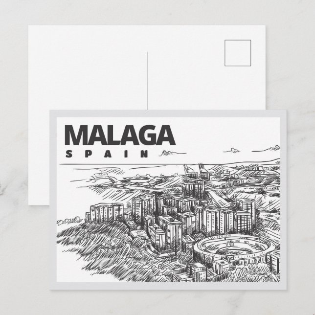Carte Postale Monument de Malaga Espagne dessiné à la main (Devant / Derrière)