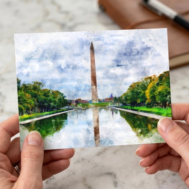 Carte Postale Monument de Washington Aquarelle avec Reflet (Washington Monument Watercolor with Reflection. Postcard )