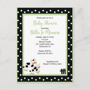 Carte Postale Moo Vache noir blanc Baby shower vert Invitation