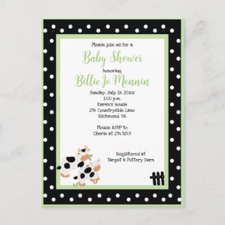 Carte Postale Moo Vache noir blanc Baby shower vert Invitation