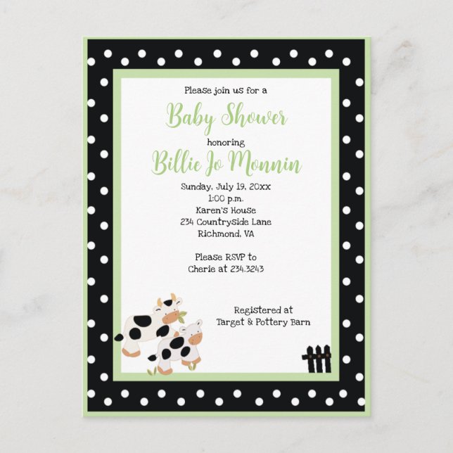Carte Postale Moo Vache noir blanc Baby shower vert Invitation (Devant)