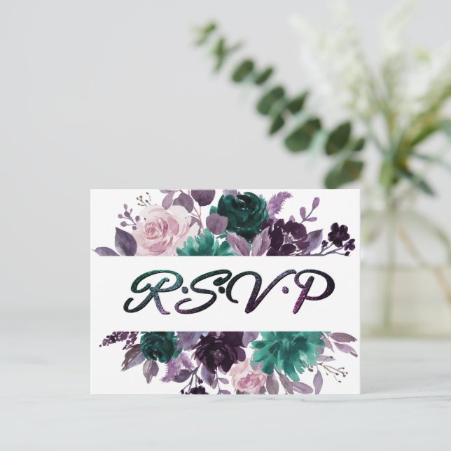 Carte Postale Moody Boho | Eggplant Purple Flore foncé RSVP (Debout devant)