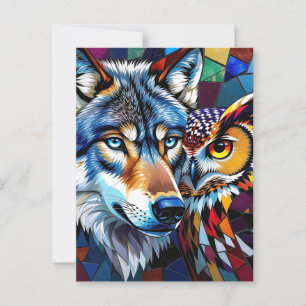 Carte Postale Mosaïque de loup et de hibou hyperréaliste