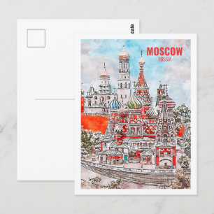 Carte Postale Moscou Russie célèbre Sketch Aquarelle de voyage