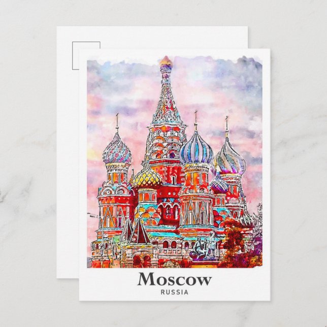 Carte Postale Moscou Russie Danemark Aquarelle main tirée (Devant / Derrière)