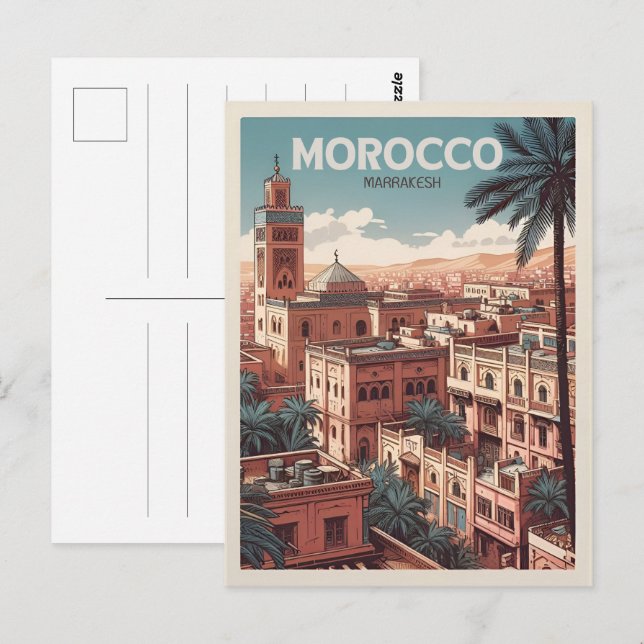 Carte Postale Mosquée de Marrakech avec palmiers maroc (Devant / Derrière)