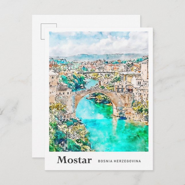 Carte Postale Mostar Bosnie Voyage Aquarelle main tirée (Devant / Derrière)