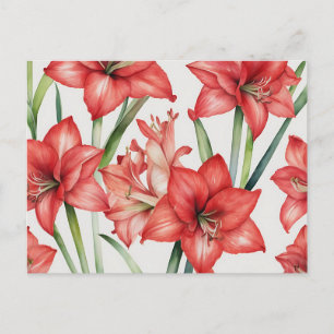 Carte Postale Motif aquarelle d'amaryllis vibrant en rouge