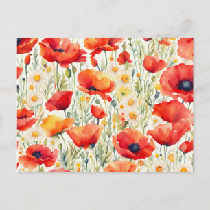 Carte Postale Motif aquarelle de coquelicots et de marguerites v