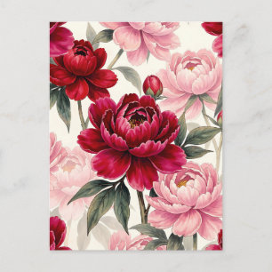 Carte Postale Motif aquarelle floral de pivoine rouge foncé et r