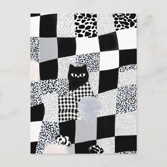 Carte Postale Motif chat noir gingham à carreaux mixtes guépard  (Devant)