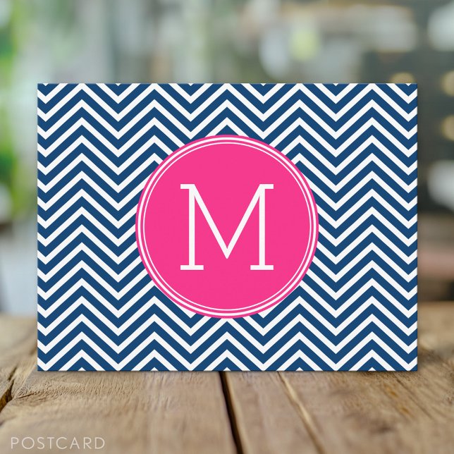 Carte Postale Motif Chevron avec Monogram - Navy Magenta (Créateur téléchargé)