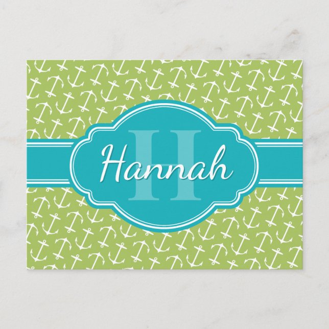 Carte Postale Motif d'Ancre blanc vert Turquoise Monogramme (Devant)