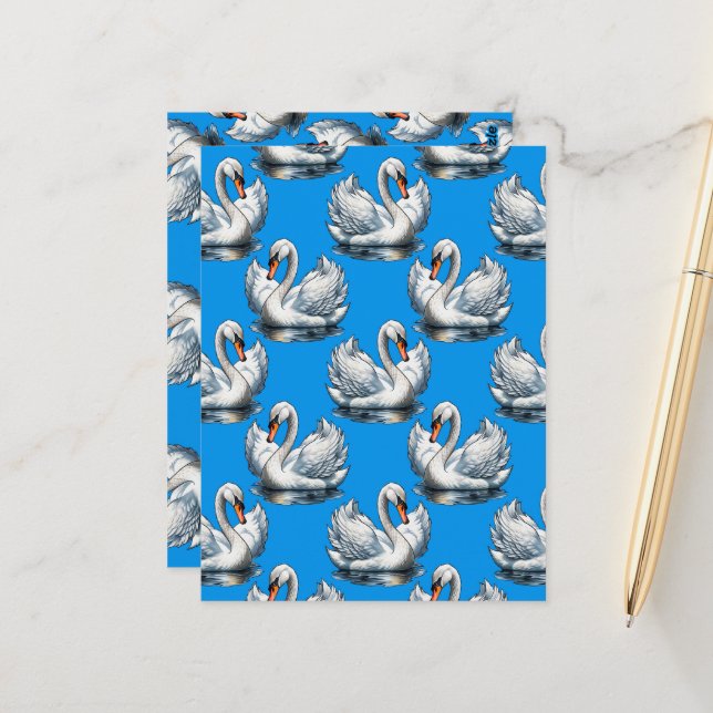 Carte Postale Motif de cygnes sur fond bleu  (Devant/Arrière en situation)