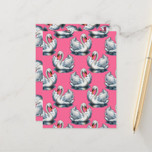 Carte Postale Motif de cygnes sur fond rose