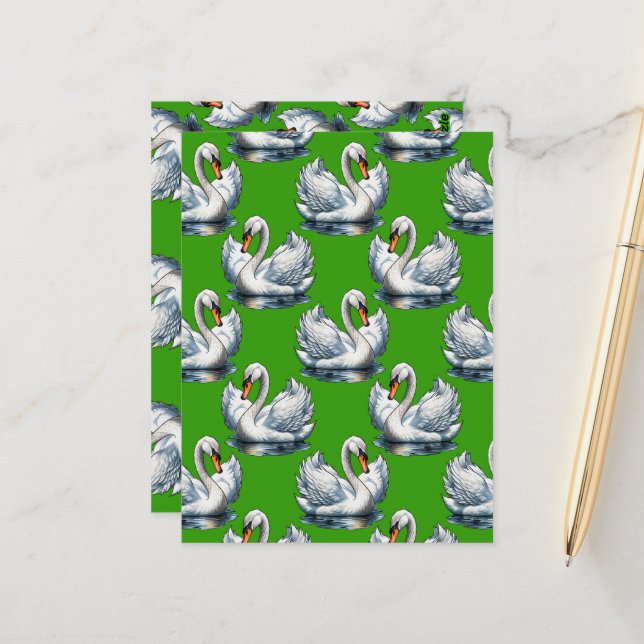 Carte Postale Motif de cygnes sur fond vert  (Devant/Arrière en situation)