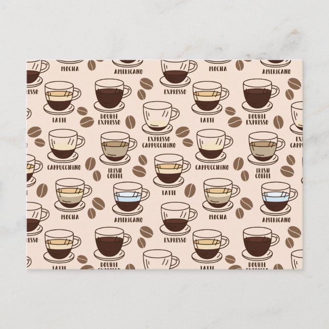Carte Postale Motif de différentes boissons de café dans un café (Devant)