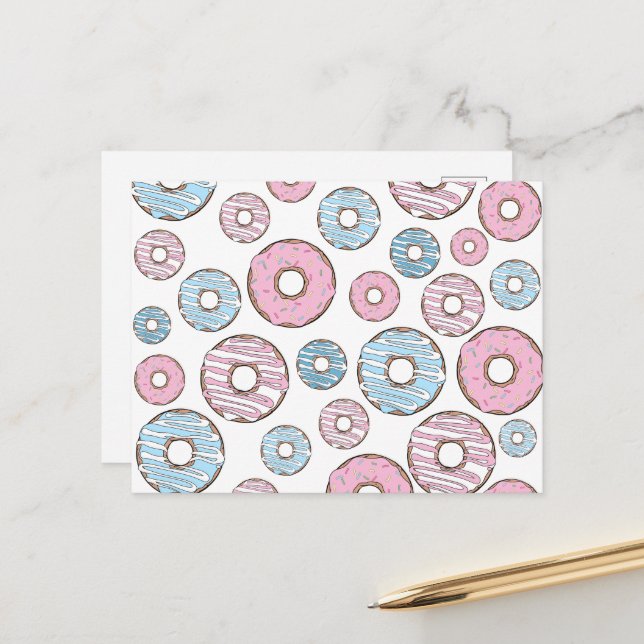 Carte Postale Motif de donuts, Donuts roses, Donuts bleus (Devant/Arrière en situation)