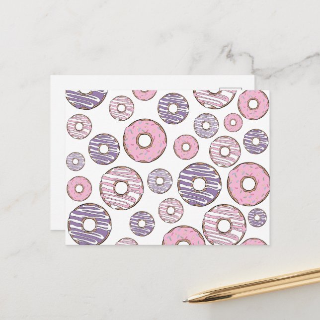 Carte Postale Motif de donuts, Donuts roses, Donuts violets (Devant/Arrière en situation)
