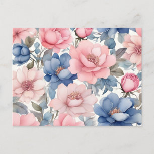 Carte Postale Motif de fleurs bleues et roses à l'aquarelle déli
