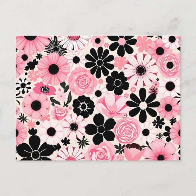 Carte Postale Motif de fleurs botaniques roses et noires rétro (Devant)
