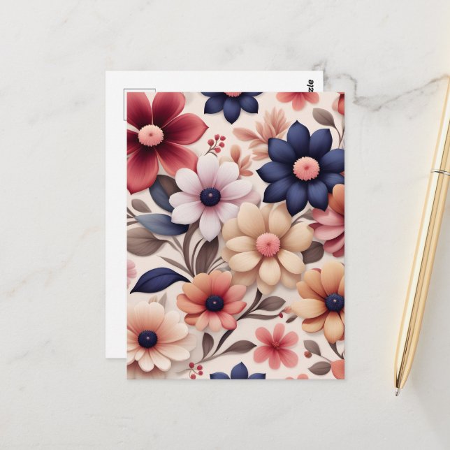 Carte Postale Motif de fleurs et de feuilles roses gras (Devant/Arrière en situation)