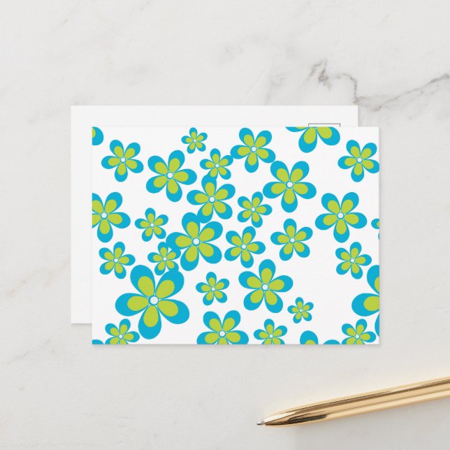 Carte Postale Motif De Fleurs, Fleurs Bleues, Fleurs Vertes (Devant/Arrière en situation)