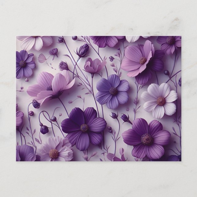 Carte Postale Motif de fleurs violettes sur fond blanc (Devant)