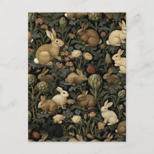 Carte Postale Motif de lapin de forêt vintage foncé botanique