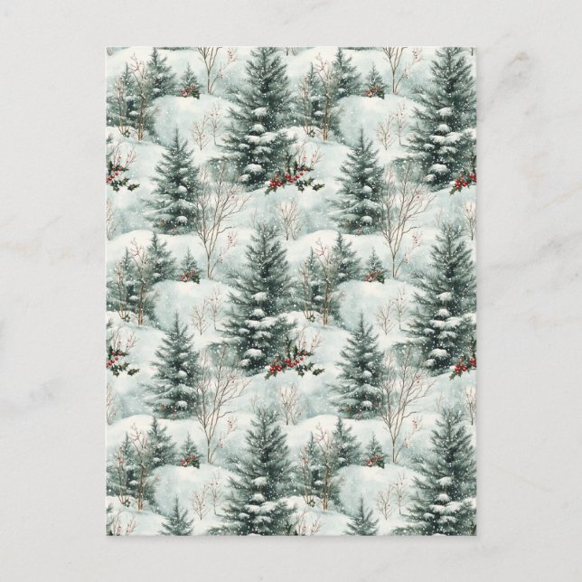 Carte Postale Motif de Noël avec forêt de neige et pins (Devant)