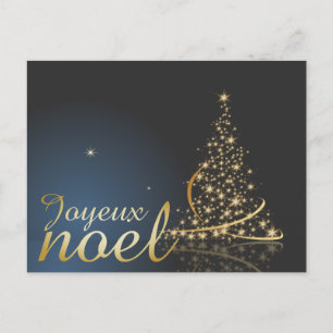 Carte Postale Motif de Noël bleu avec arbre de Noël doré