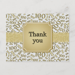 Carte Postale Motif de numéro d'anniversaire 100 Or/Blanc Merci