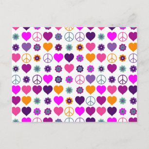 Carte Postale Motif de paix de coeur de flower power + votre