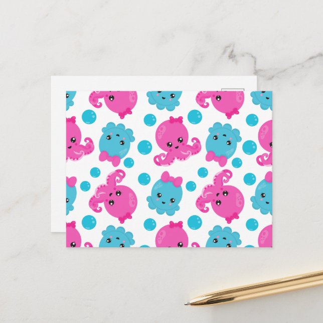 Carte Postale Motif de poulpe, poulpe mignonne, Animaux de mer (Devant/Arrière en situation)