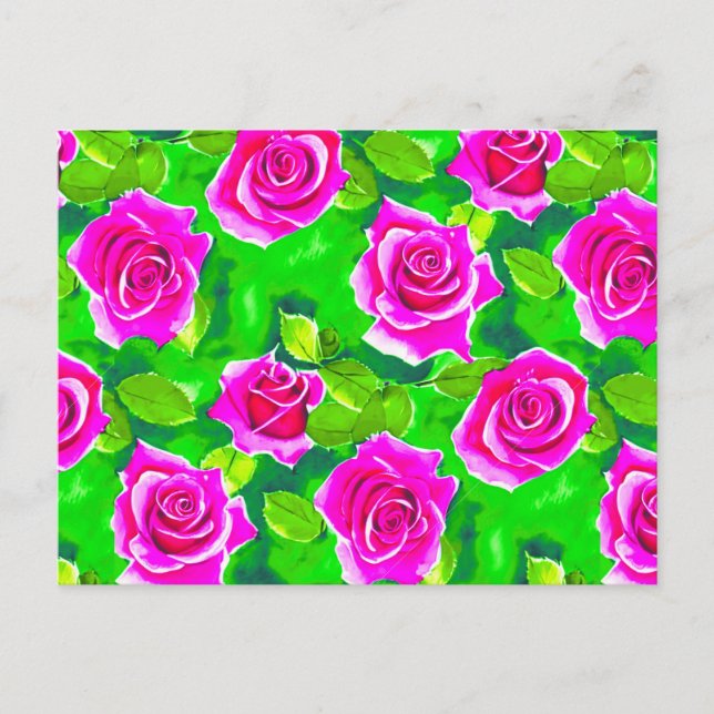 Carte Postale Motif de rose aquarelle rose fuchsia (Devant)