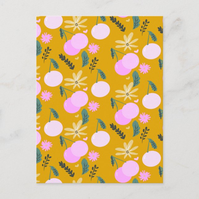 Carte Postale Motif de verdure florale cerise rose jaune   (Devant)