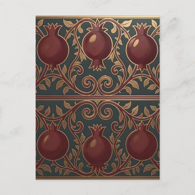 Carte Postale Motif de vigne de grenade vert foncé orné or (Devant)
