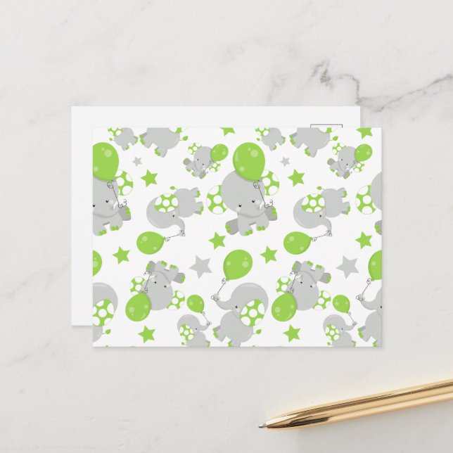 Carte Postale Motif Des Eléphants, Eléphants Mignons - Grey Vert (Devant/Arrière en situation)