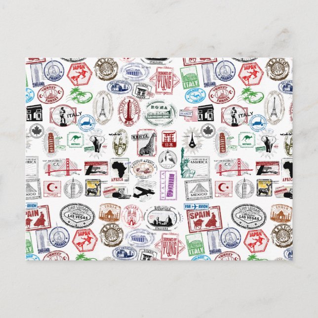 Carte Postale Motif des timbres de voyage (Devant)