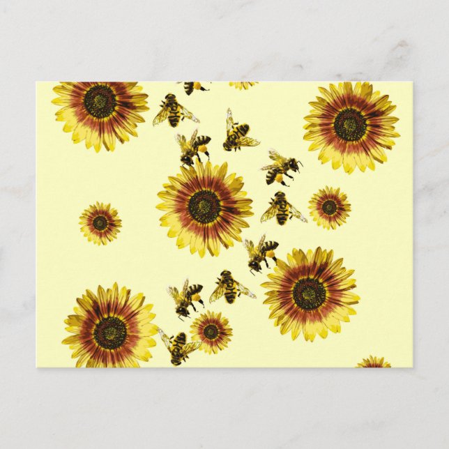 Carte Postale Motif d'été des tournesols jaunes et des abeilles  (Devant)