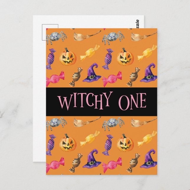Carte Postale motif d'Halloween orange "Witchy One" (Devant / Derrière)