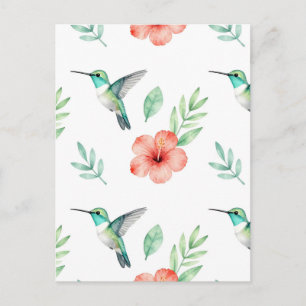 Carte Postale Motif d'Hibiscus à Colibri Turquoise