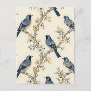 Carte Postale Motif Fleur Dorée d'Oiseaux Bleus
